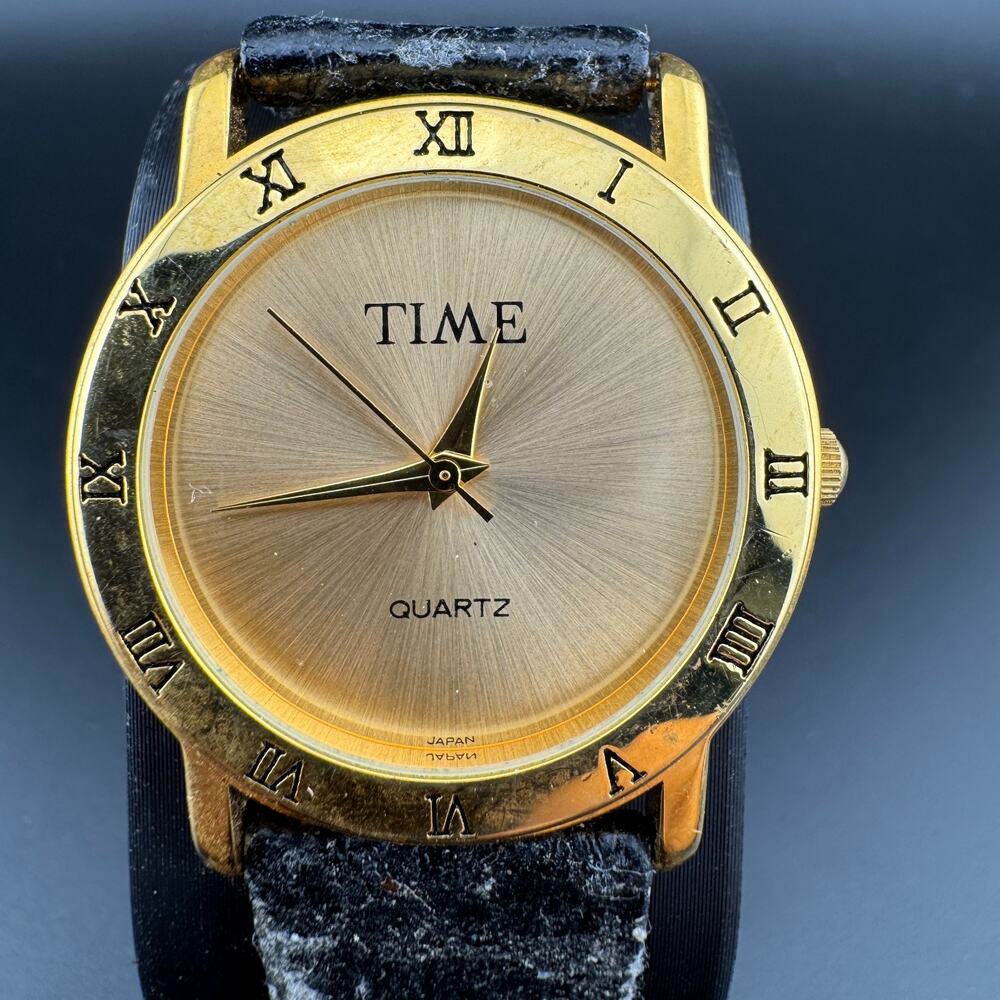 Vintage Time Brand Quartz Watch Gold Tone Roman Numerals